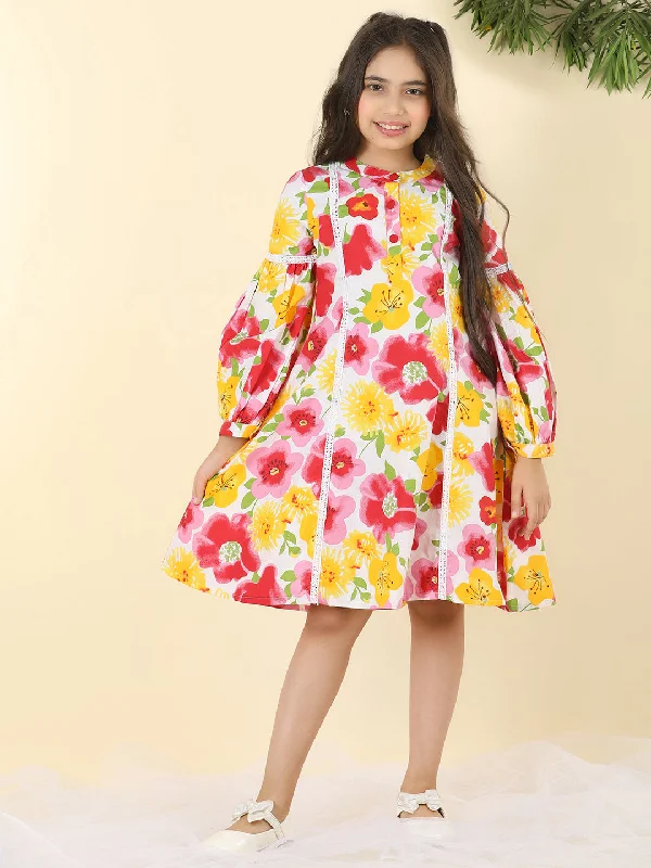 Cutiekins Girls Round Neck Floral Print Dress -White & Red