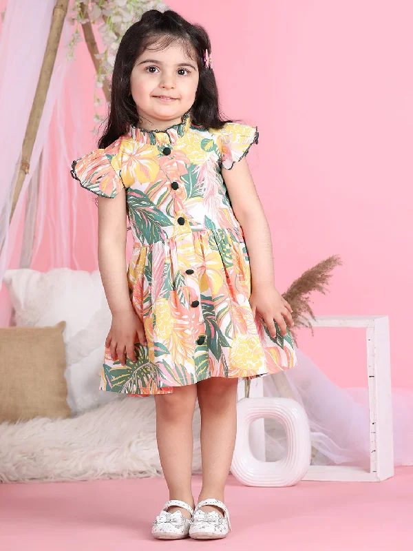 Cutiekins Mandarin Collar Printed Flared Dress-Multicolour