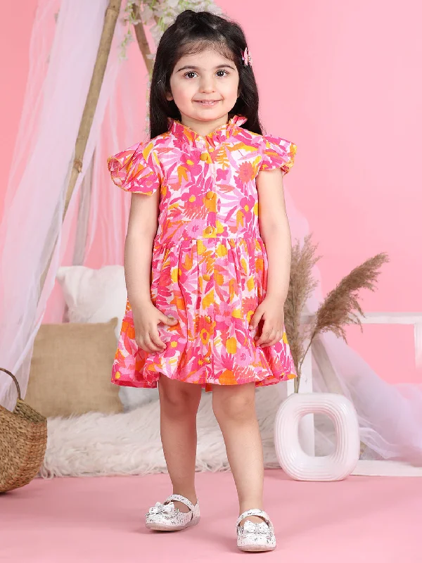 Cutiekins Mandarin Collar Printed Flared Dress-Pink & Yellow