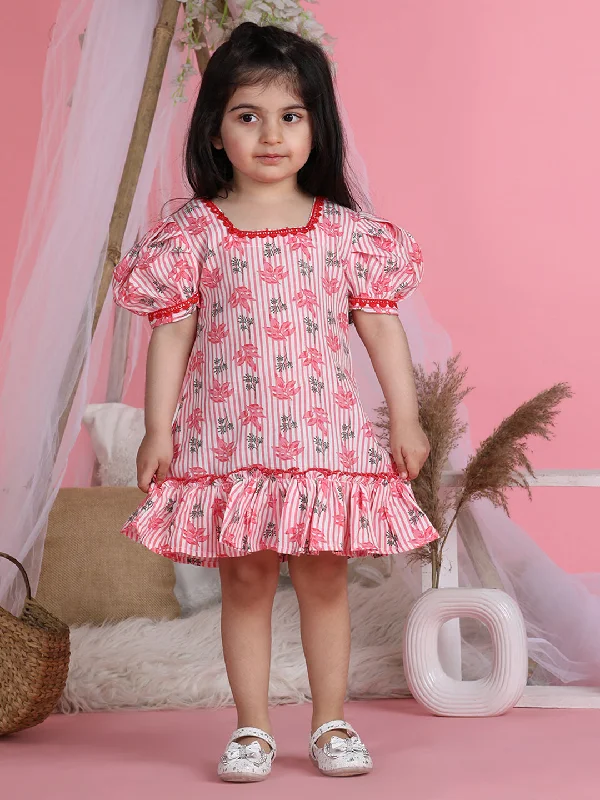 Cutiekins Square Neck Printed Flared Dress-Pink & White