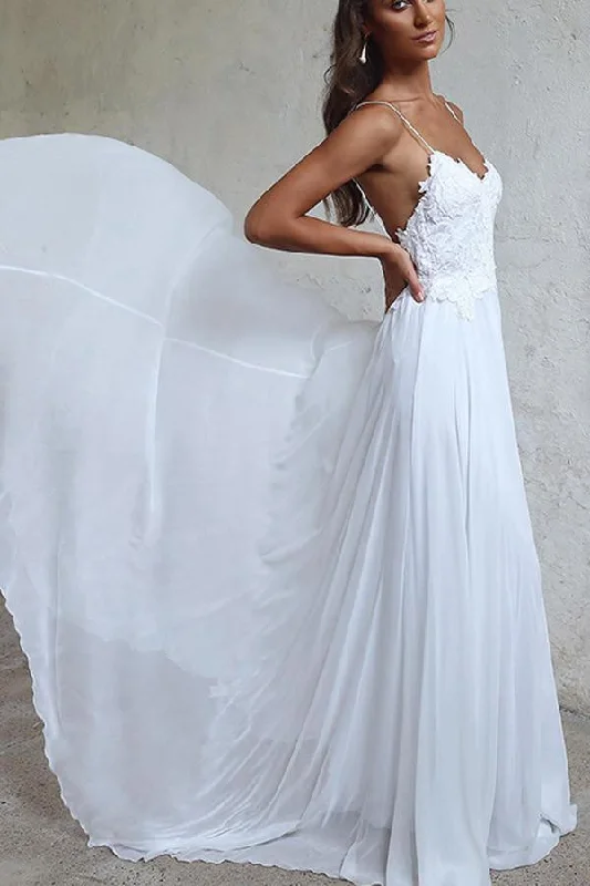 Elegant A-line Straps White Long Chiffon Beach Wedding Dress WD102