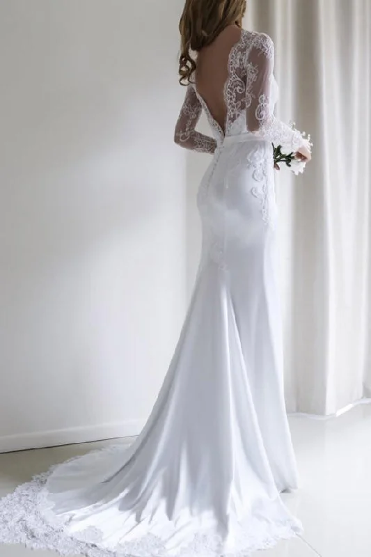 Elegant Lace Long Sleeves Mermaid White Long Wedding Dress with Train WD110