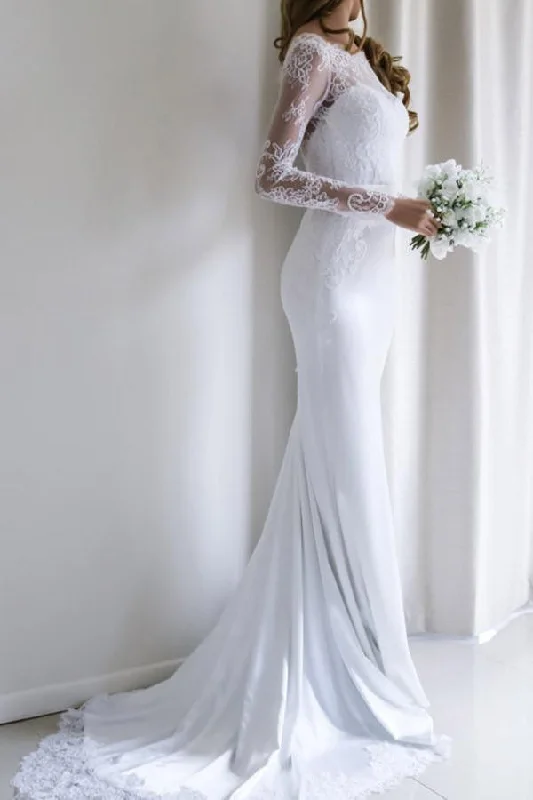 Elegant Lace Long Sleeves Mermaid White Long Wedding Dress with Train WD110