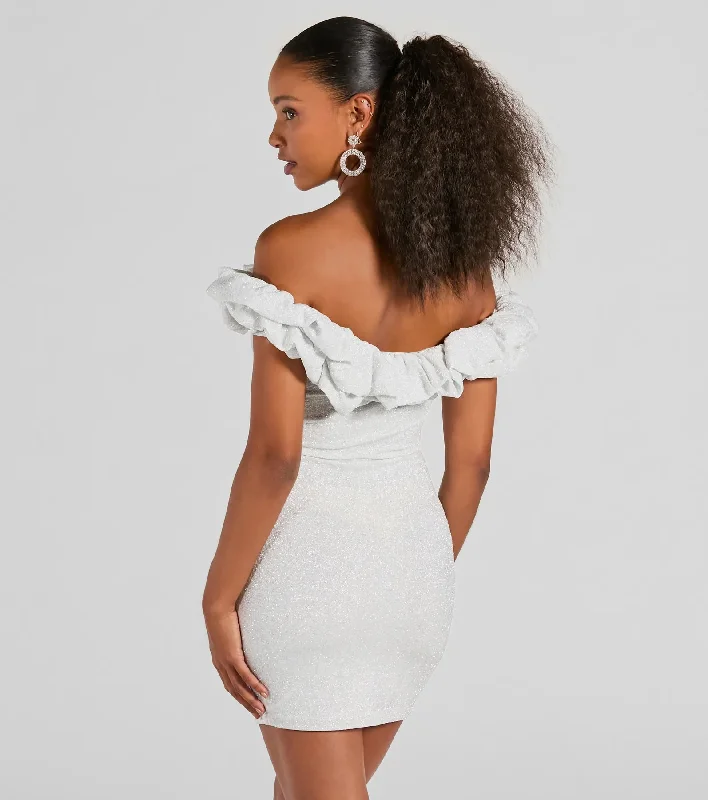 Ember Off-The-Shoulder Ruffle Glitter Party Dress