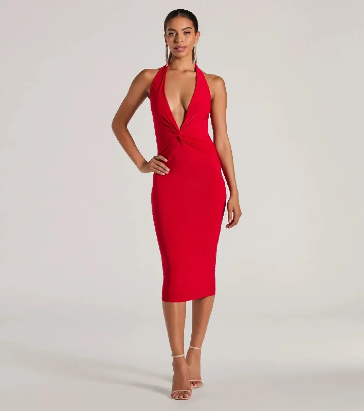 Evening Of Sultry Plunge V-Neck Halter Midi Dress