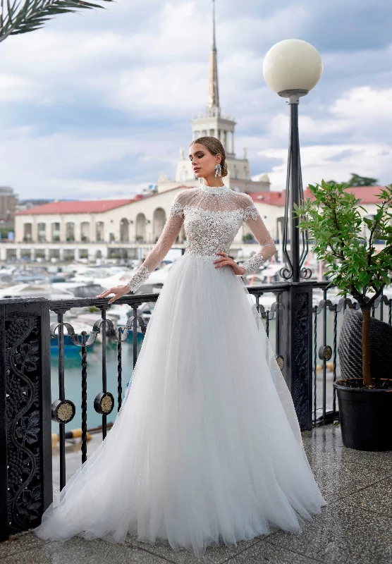 Exquisite High Neck Illusion Sleeve Wedding Gown