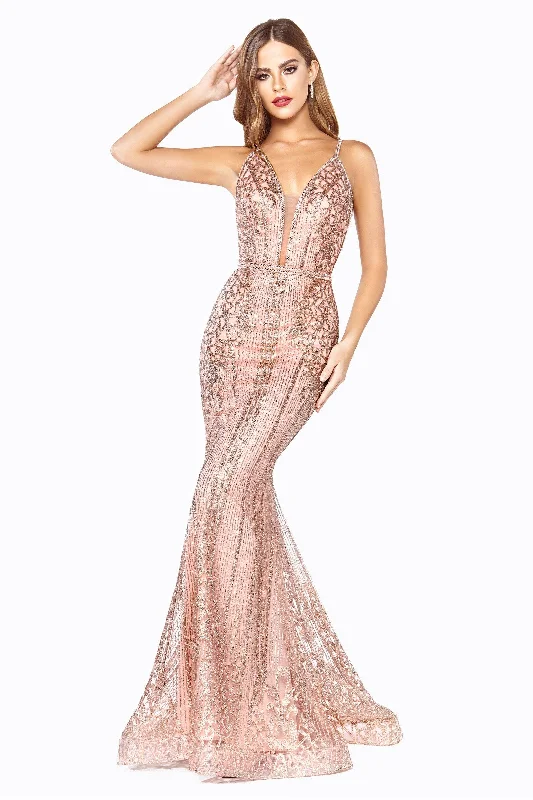 Cinderella Divine J8795 Long Formal Spaghetti Strap Glitter Print Prom Gown