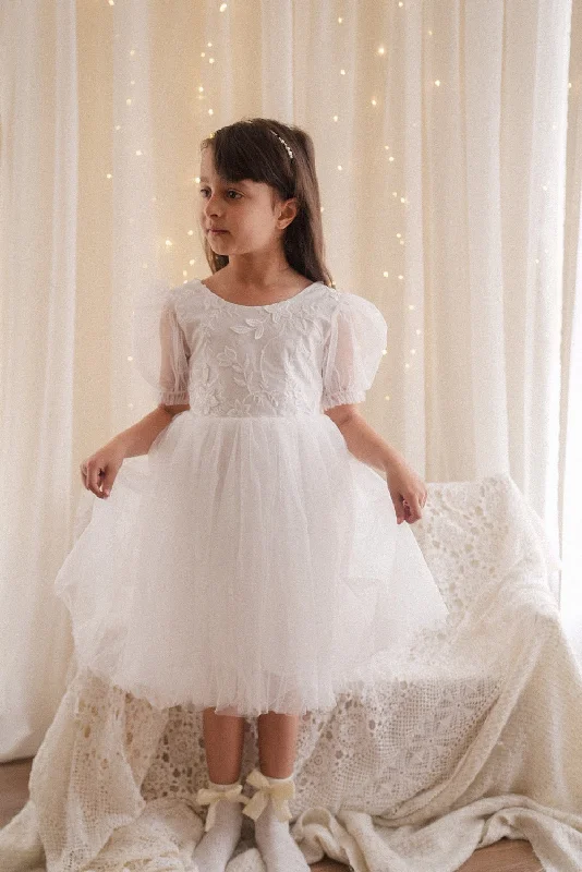 Gemma Puff Sleeve White Flower Girl Dress