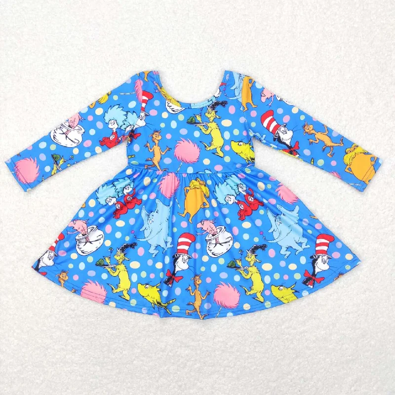 GLD0458 baby girl dr.seuss cartoon blue long sleeve dress