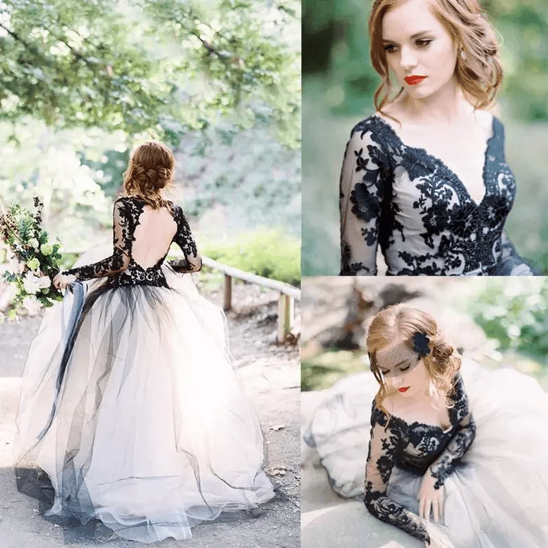 Gorgeous A-line V neck Long Sleeve Black Lace Wedding Dress Bridal Gown  WD485