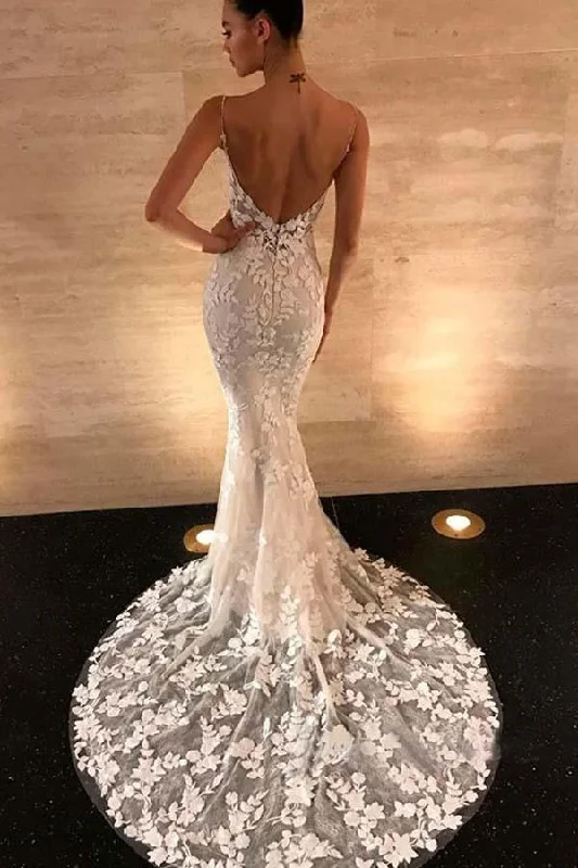 Gorgeous Mermaid Straps Open Back Lace Wedding Dresses  WD305