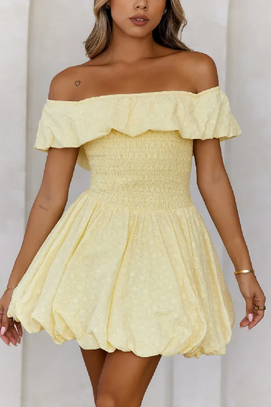 Island Light Off Shoulder Bubble Mini Dress Yellow