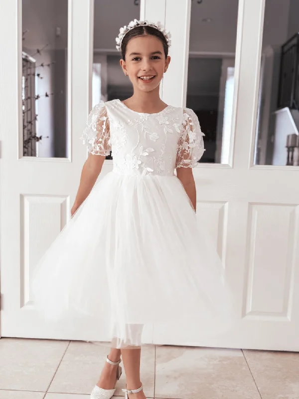 Laura Puff Sleeve White Flower Girl Dress