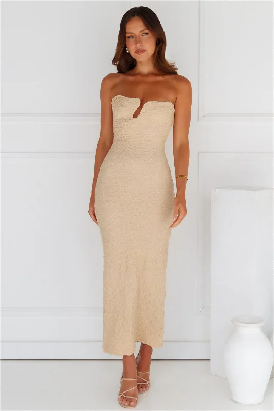 Majestic Heights Strapless Midi Dress Beige