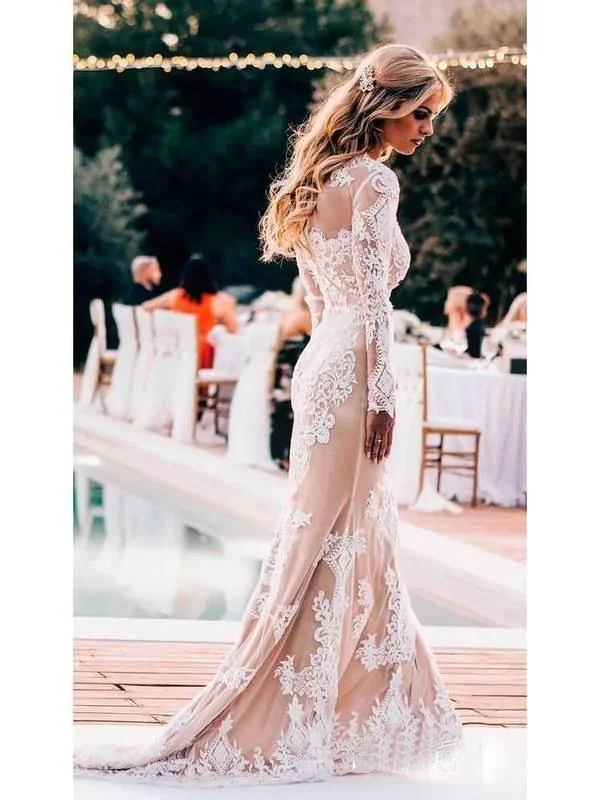 Mermaid Long Sleeve Lace Boho Wedding Dresses Rustic Bridal Gown WD504