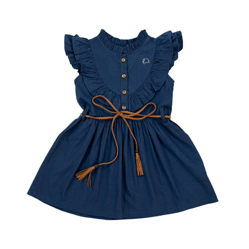 Navy Blue Butterfly Sleeve Cotton Dress