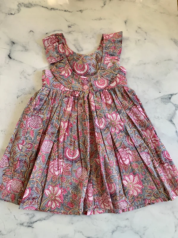 Pink and grey Indian Cotton Ruffle neck dress