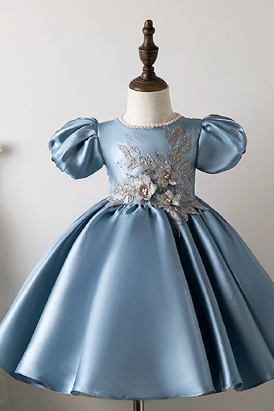 Puff Sleeves Blue Flower Girl Dress with Appliques