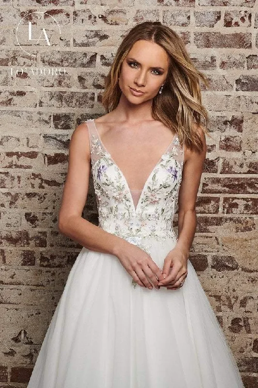 Rachel Allan Bridal - M645 Floral Applique V Neck Tulle Wedding Gown