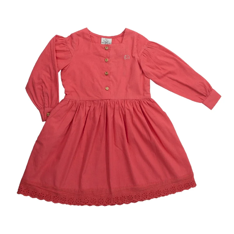 Red Long Puff Sleeve Cotton Dress