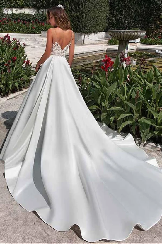 Satin Neckline A-line Wedding Dress With Pockets Lace Appliques WD217