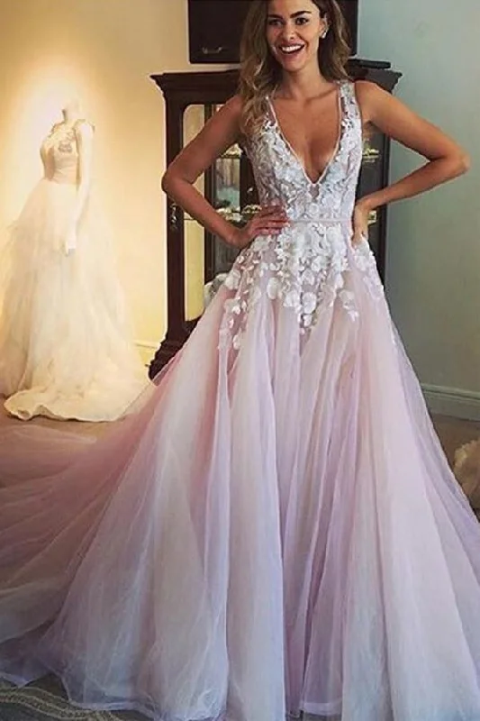 Scoop V-neck Long Wedding Dress/Prom Dress with Appliques PG359