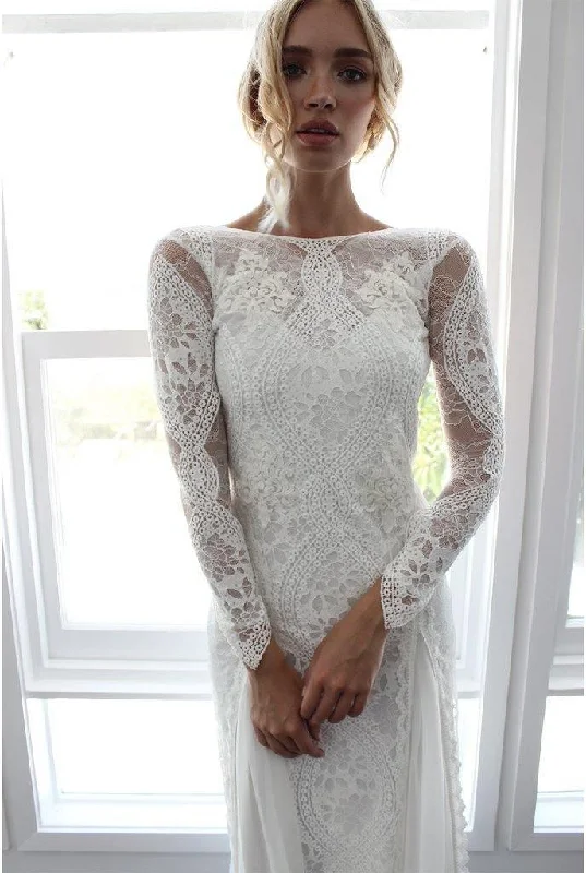 Sheath/Column  Lace Wedding Dress With Long Sleeve Open Back Bridal Gown  WD487