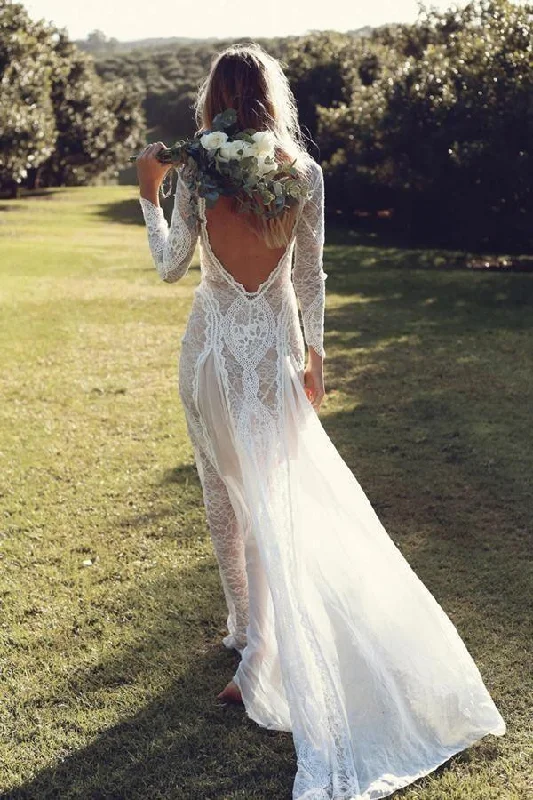 Sheath/Column  Lace Wedding Dress With Long Sleeve Open Back Bridal Gown  WD487