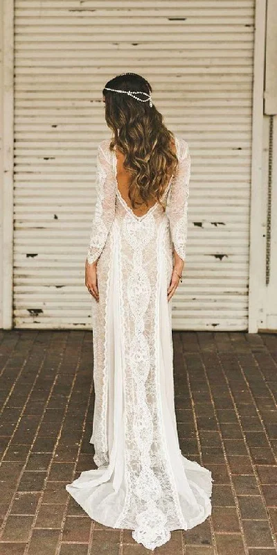 Sheath/Column  Lace Wedding Dress With Long Sleeve Open Back Bridal Gown  WD487