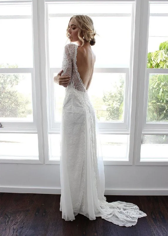 Sheath/Column  Lace Wedding Dress With Long Sleeve Open Back Bridal Gown  WD487