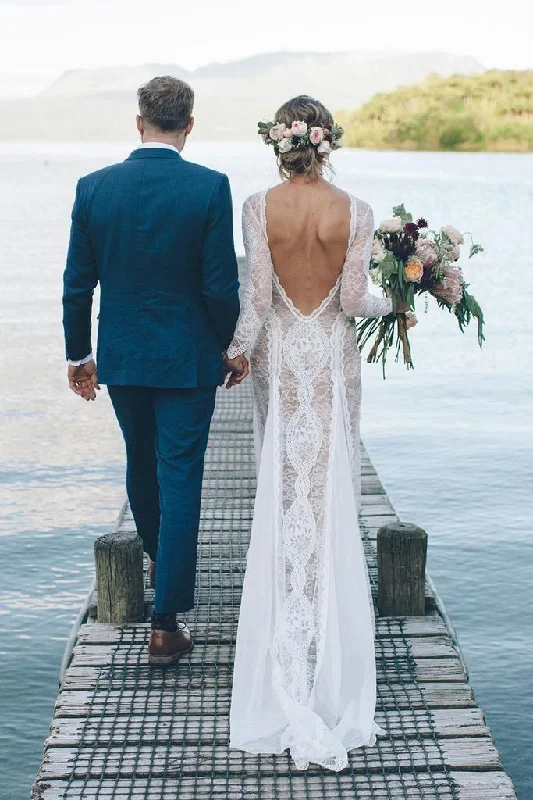 Sheath/Column  Lace Wedding Dress With Long Sleeve Open Back Bridal Gown  WD487