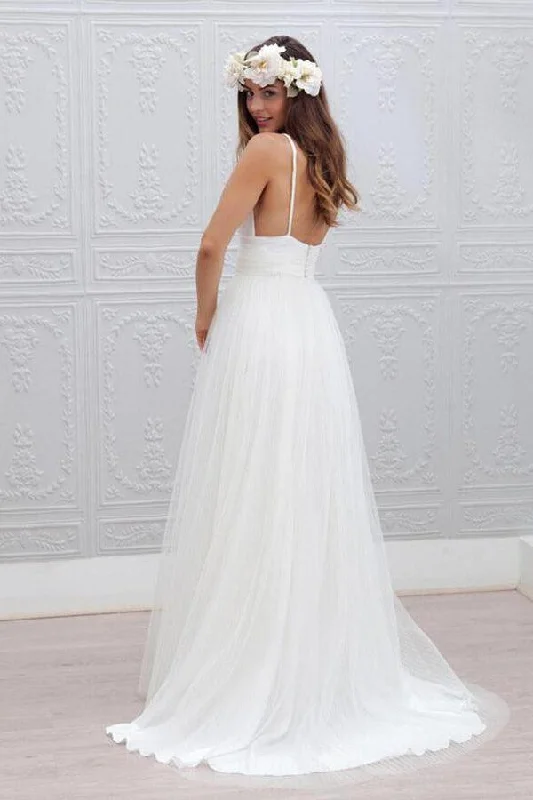 Simple V-neck Floor-Length Wedding Dress With Ruched Sash WD054