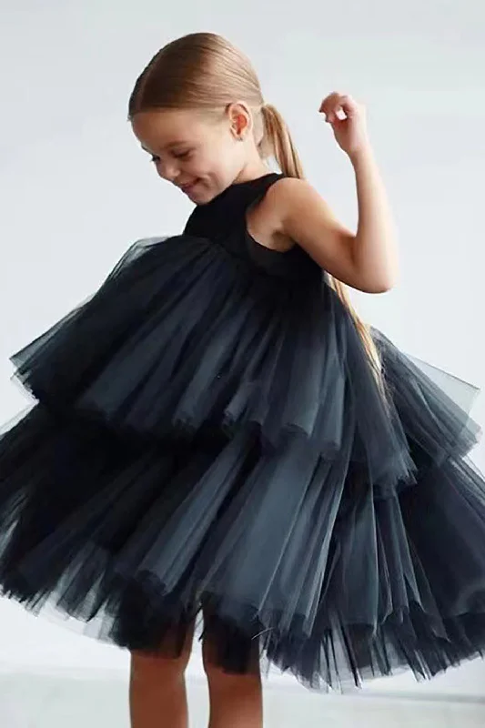 Tiered Boat Neck Black Flower Girl Dress