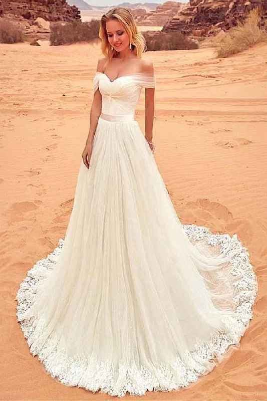 Tulle Off-the-shoulder Neckline  Wedding Dress With Lace Appliques WD201