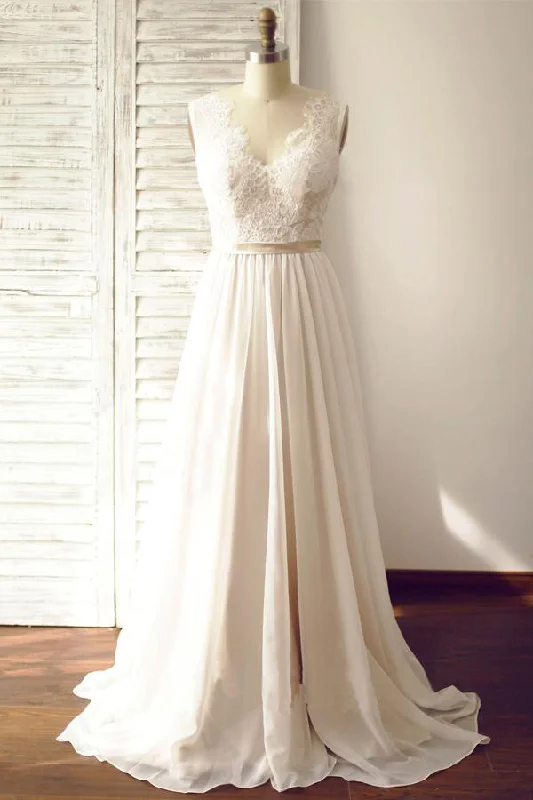 V-neck  Sleeveless Open Back Wedding Dress with Lace Sash PG200