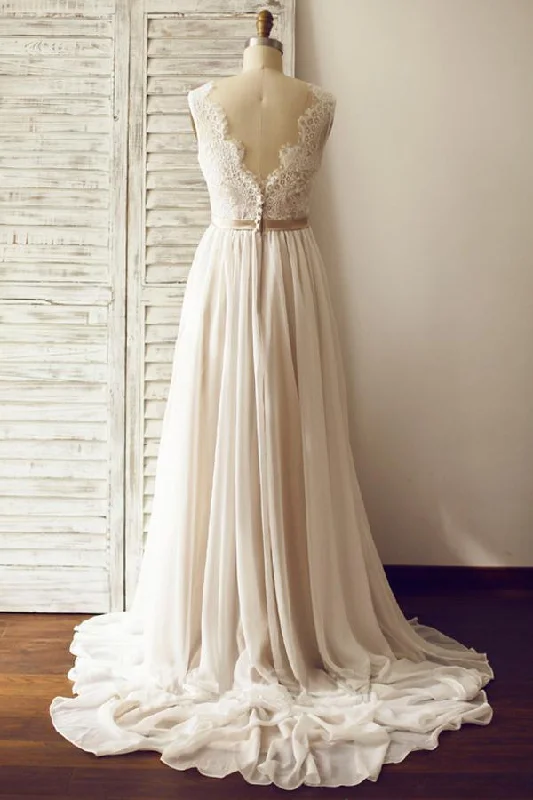 V-neck  Sleeveless Open Back Wedding Dress with Lace Sash PG200