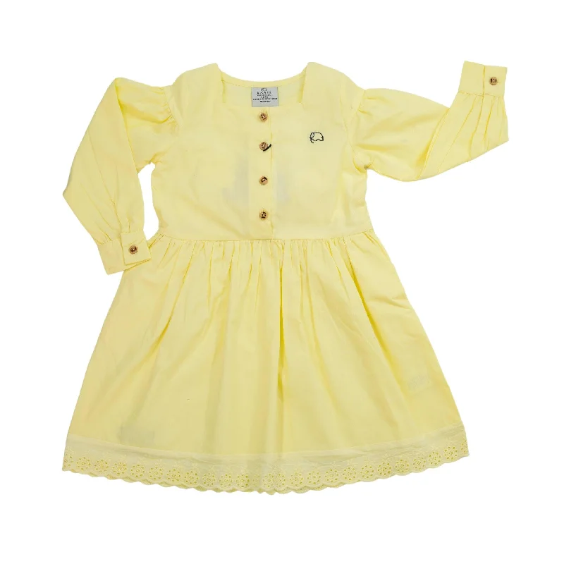 Yellow Long Puff Sleeve Cotton Dress